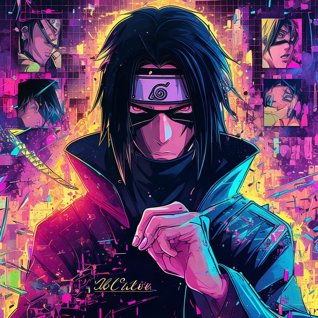 I want you to design an image for Itachi from Naruto. The background should be glitchy and his face should be facing the front. he shoudl be holding a kunai in his hands. Make sure you add some cool color contrasts with black. he should be wearing akatsuki's outfit. Some mini photos should be at the bottom. And even add a quote that "The World is an Illusion" make sure the font is cool and it should contrast the photo and the background. created by AI