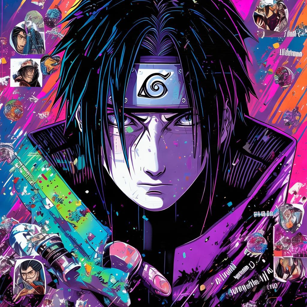 I want you to design an image for Itachi from Naruto. The background should be glitchy and his face should be facing the front. he shoudl be holding a kunai in his hands. Make sure you add some cool color contrasts with black. he should be wearing akatsuki's outfit. Some mini photos should be at the bottom. And even add a quote that "The World is an Illusion" make sure the font is cool and it should contrast the photo and the background. created by AI