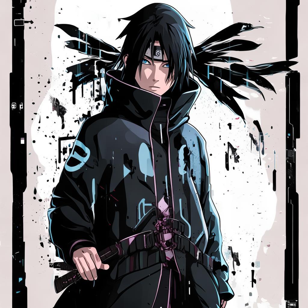 I want you to design an image for Itachi from Naruto. The background should be glitchy and his face should be facing the front. he shoudl be holding a kunai in his hands. Make sure you add some cool color contrasts with black. he should be wearing akatsuki's outfit. Some mini photos should be at the bottom. And even add a quote that "The World is an Illusion" make sure the font is cool and it should contrast the photo and the background. created by AI