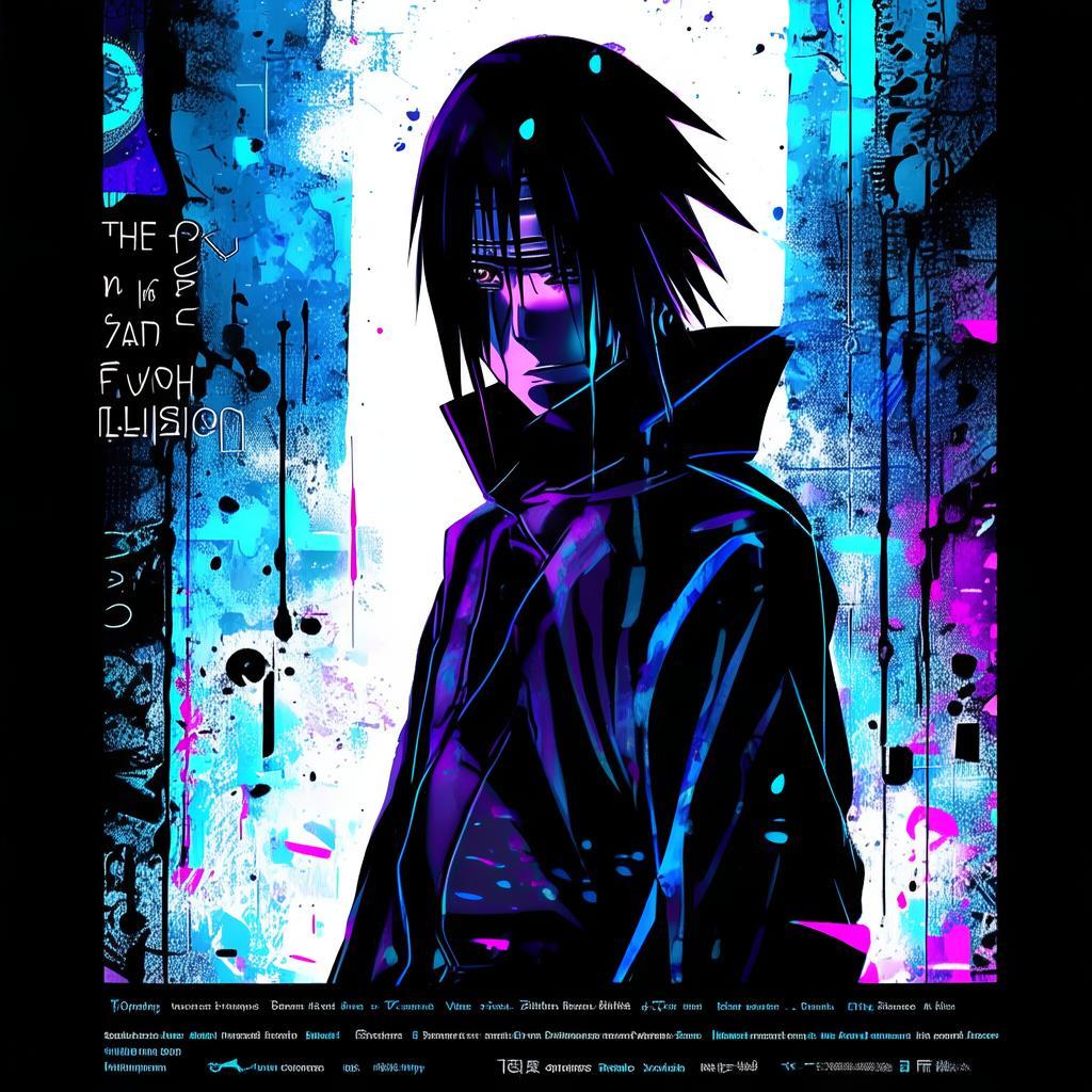 Create an image depicting Itachi from Naruto with a glitchy background, his face front-facing, holding a kunai. He's dressed in Akatsuki's outfit, showcasing striking black and cool color contrasts. At the bottom, include mini photos. Add the quote "The World is an Illusion" in a cool font that contrasts with the photo and the background. created by AI
