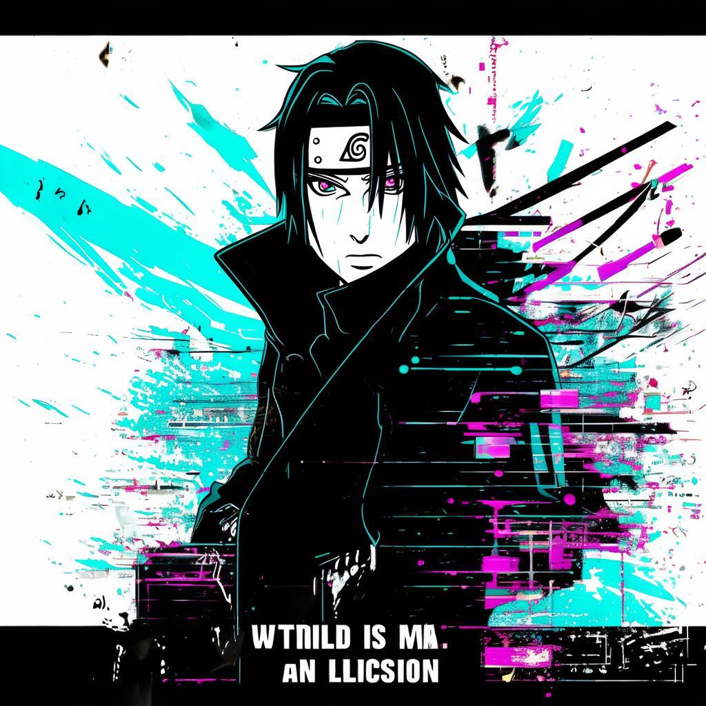 Create an image depicting Itachi from Naruto with a glitchy background, his face front-facing, holding a kunai. He's dressed in Akatsuki's outfit, showcasing striking black and cool color contrasts. At the bottom, include mini photos. Add the quote "The World is an Illusion" in a cool font that contrasts with the photo and the background. created by AI