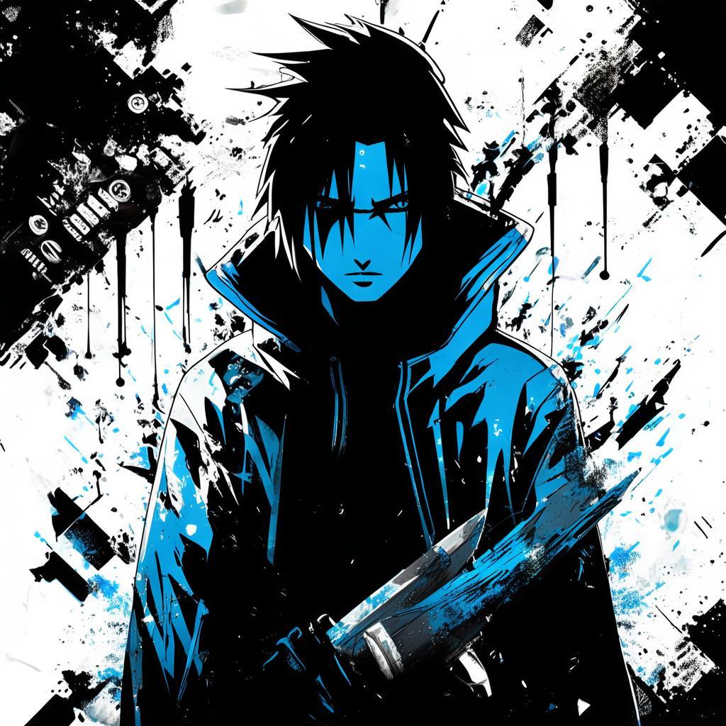 Create an image depicting Itachi from Naruto with a glitchy background, his face front-facing, holding a kunai. He's dressed in Akatsuki's outfit, showcasing striking black and cool color contrasts. At the bottom, include mini photos. Add the quote "The World is an Illusion" in a cool font that contrasts with the photo and the background. created by AI