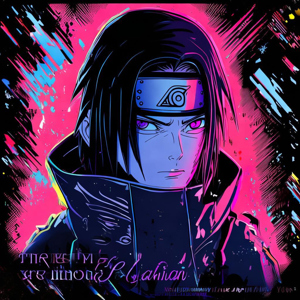 Create an image depicting Itachi from Naruto with a glitchy background, his face front-facing, holding a kunai. He's dressed in Akatsuki's outfit, showcasing striking black and cool color contrasts. At the bottom, include mini photos. Add the quote "The World is an Illusion" in a cool font that contrasts with the photo and the background. created by AI