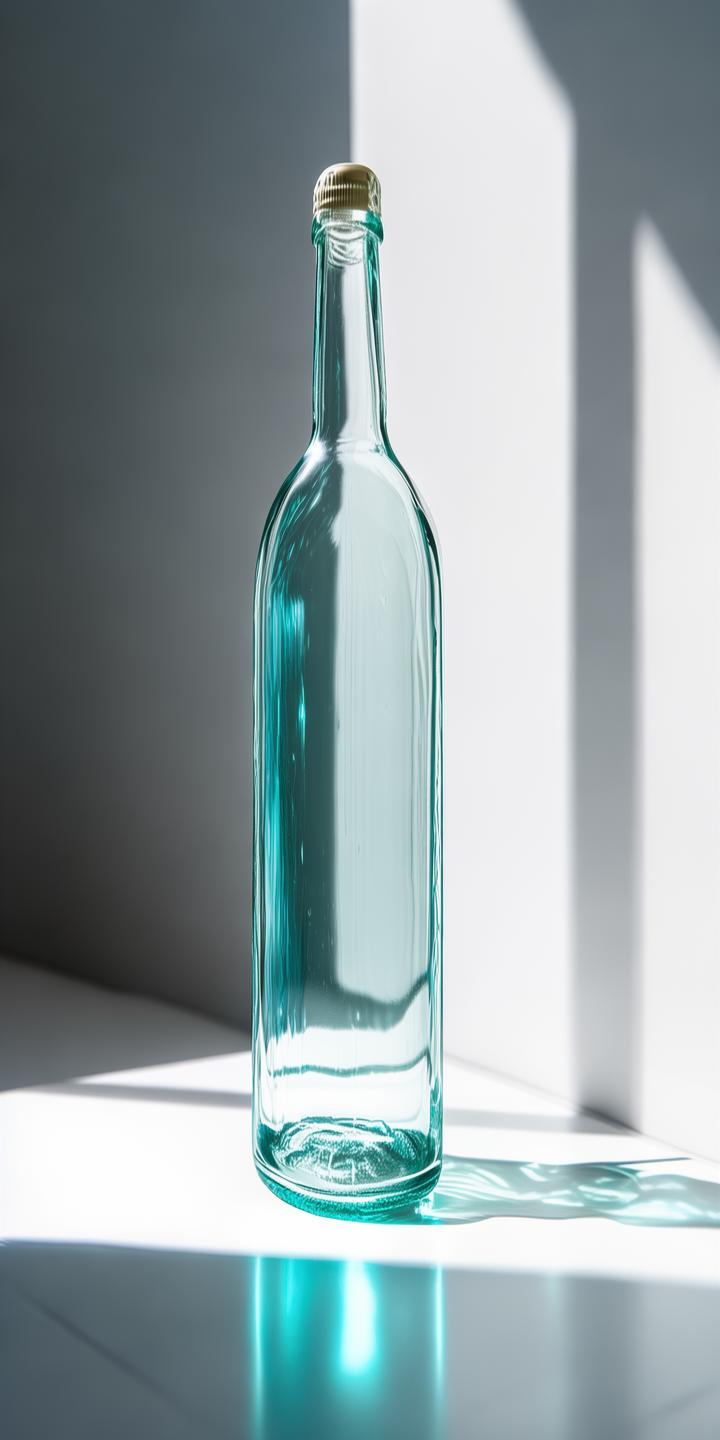 一个透光的玻璃酒瓶，光滑的瓶身，背景为白色。 created by AI