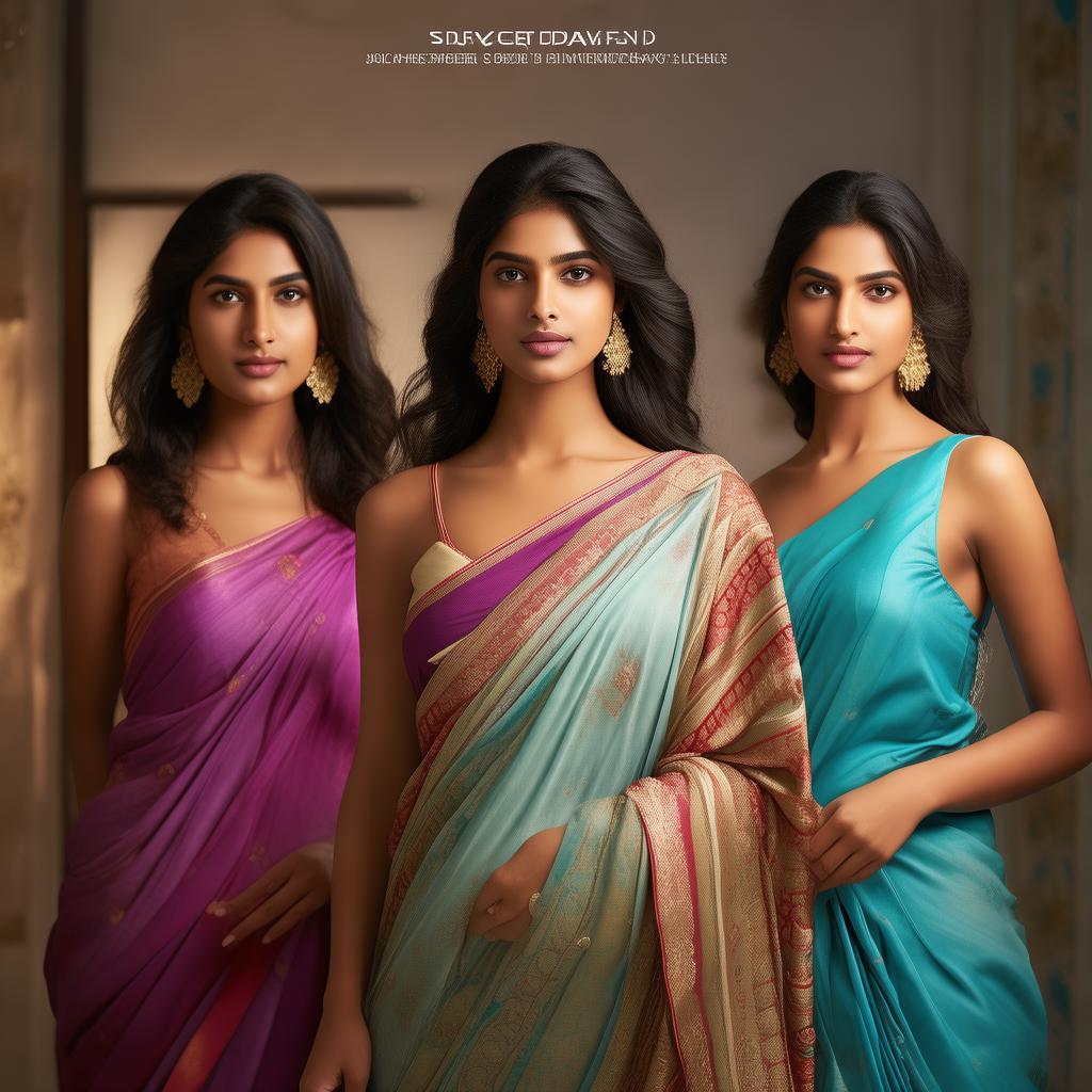 Subject: Create a professional marketing cover image for a saree business.



Objective: Generate an image suitable for a product cover, following the style and layout of the provided exemplary images (Image 1: Example_1 and Example_2). The final image should prominently feature the models and sarees from the reference photograph (Image 3).



Key Elements to Include:



1.  Image Content: The primary visual element should be the three models showcasing sarees as seen in Image 3. Ensure the focus is on the models and the intricate details of the sarees they are wearing. Maintain the overall aesthetic and mood of Image 3.



2.  Title Placement: Position a title prominently at the top of the image, similar to the placement in Example_1 and Example_2. The title should be clear, legible, and visually appealing.



3.  Title Text (Placeholder): Please use the placeholder text "[Sri Venkateswara Silks]" for the main title. This will be replaced with the actual business name later. Ensure the font style and size are impactful and easy to read.



4.  Optional Elements (Consider for visual appeal, but not mandatory):

     You can consider adding a subtle background that complements the sarees and models, similar to the sophisticated backdrop in Image 3 or the softer backgrounds in the examples. Background should look elegant and maintain the grandeur.  Avoid overly distracting backgrounds.

     Small design elements or borders, if they enhance the overall professional look, can be considered, drawing inspiration from the subtle framing in the examples.



5.  Overall Tone and Style: The final image should convey elegance, quality, and professionalism, consistent with the presentation of high-end saree products as depicted in all the provided images.



Technical Requirements:



Aspect Ratio: 12*16*4 

Resolution: Generate a high-resolution image suitable for printing on covers without pixelation.



Example Layout Reference: Follow the general layout where the title is at the top and the main image of the models is the central focus, as seen in Example_1 and Example_2.



Do not include any contact information, logos (except for the potential placeholder title), or specific product details in this generated image. The focus is solely on the visual appeal and professional presentation of the models and sarees with a prominent title placeholder. created by AI