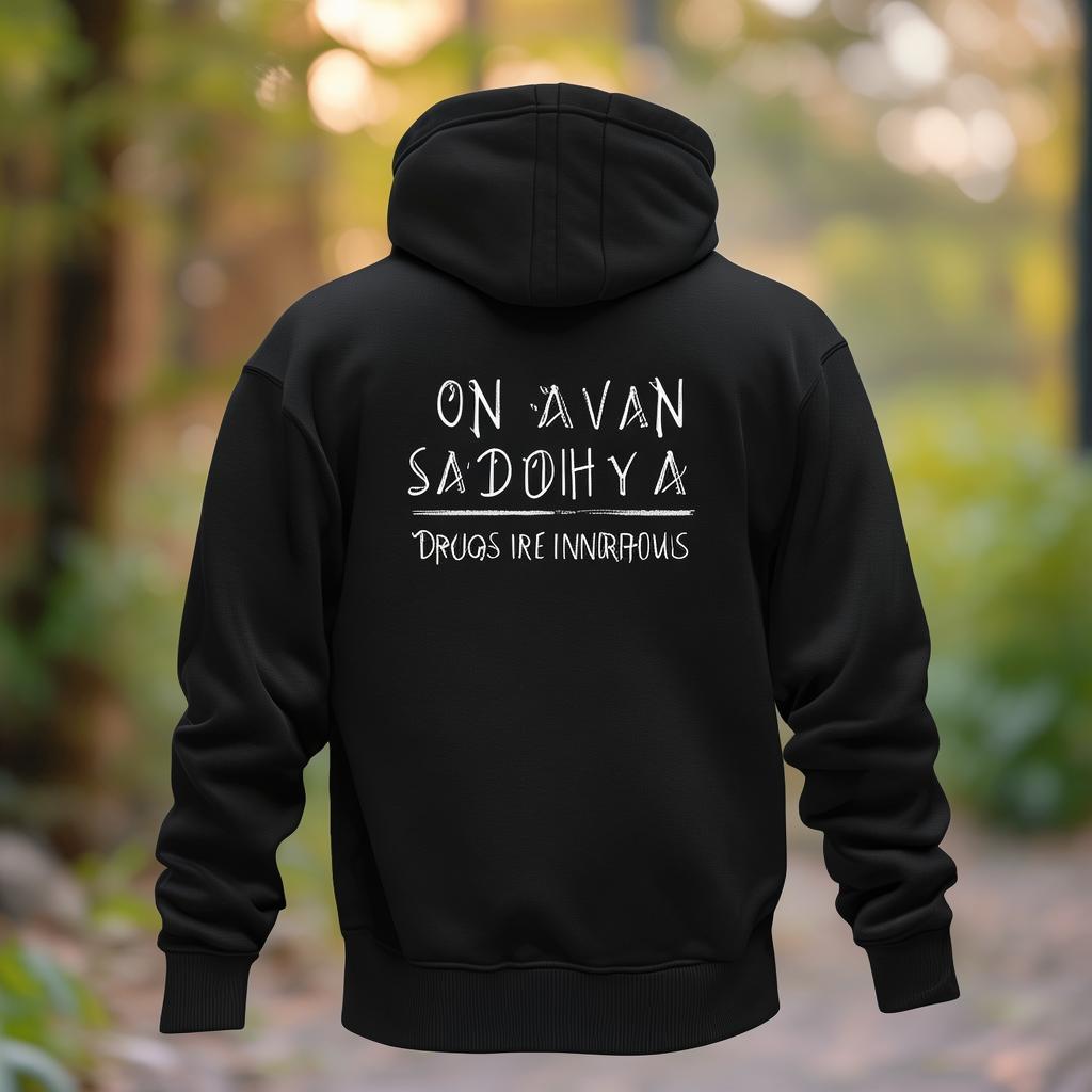 black hoodie design. back of the hoodie: ON AVAN SADHYA. sadhya but all dishes must be drugs, in a minimalistic way. ni the front of the hoodie: Drugs are innjurious created by AI