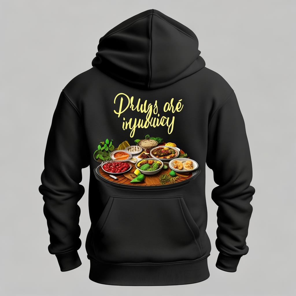 black hoodie design. back of the hoodie: ON AVAN SADHYA. sadhya but all dishes must be drugs, in a minimalistic way create the image off the onam sadhya with the drugs. ni the front of the hoodie: Drugs are innjurious created by AI