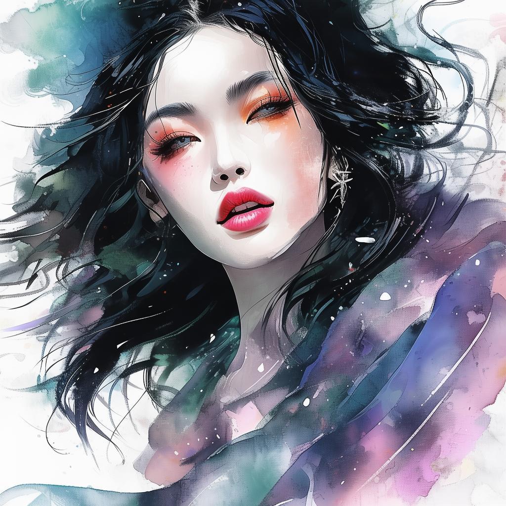 水墨畫,夢境,豐富,曠世美女,清新脫俗,紅唇齒白,黑色長髮飄逸,夢幻,性感,身材曼妙,超現實,翩翩飛舞,運筆大膽,顏色鮮豔, 畫風融合抽象,透明夢幻的風格 created by AI