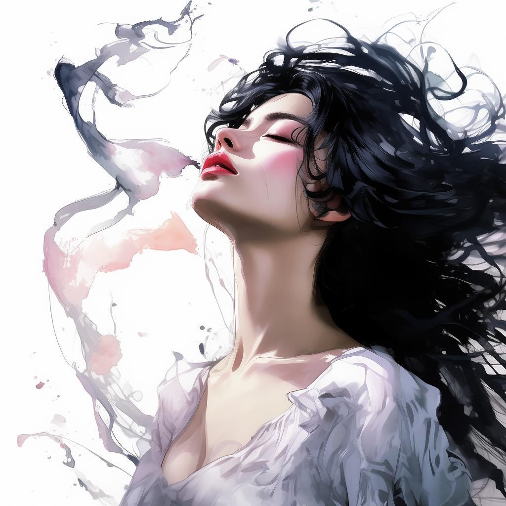 水墨畫,夢境,豐富,曠世美女,清新脫俗,紅唇齒白,黑色長髮飄逸,夢幻,性感,身材曼妙,超現實,翩翩飛舞,運筆大膽,顏色鮮豔, 畫風融合抽象,透明夢幻的風格 created by AI