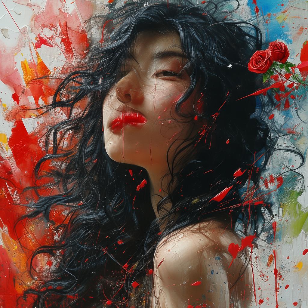 水墨畫,夢境,豐富,曠世美女,清新脫俗,紅唇齒白,黑色長髮飄逸,夢幻,性感,身材曼妙,超現實,翩翩飛舞,運筆大膽,顏色鮮豔, 畫風融合抽象,透明夢幻的風格 created by AI