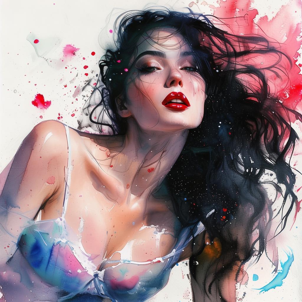 水墨畫,夢境,豐富,曠世美女,清新脫俗,紅唇齒白,黑色長髮飄逸,夢幻,性感,身材曼妙,超現實,翩翩飛舞,運筆大膽,顏色鮮豔, 畫風融合抽象,透明夢幻的風格 created by AI