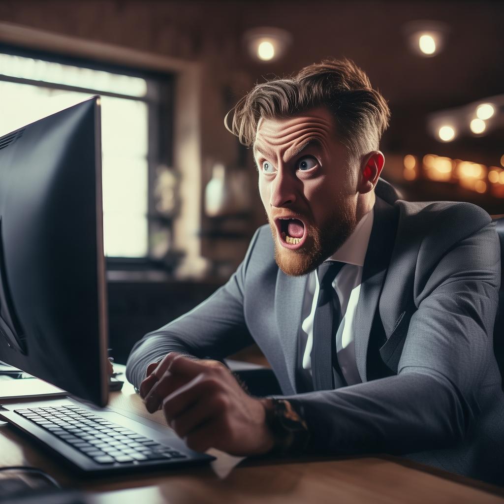 ein geschäftsmann, der vor seinem Computer sitzt und einen staunenden gesichtsausdruck hat created by AI