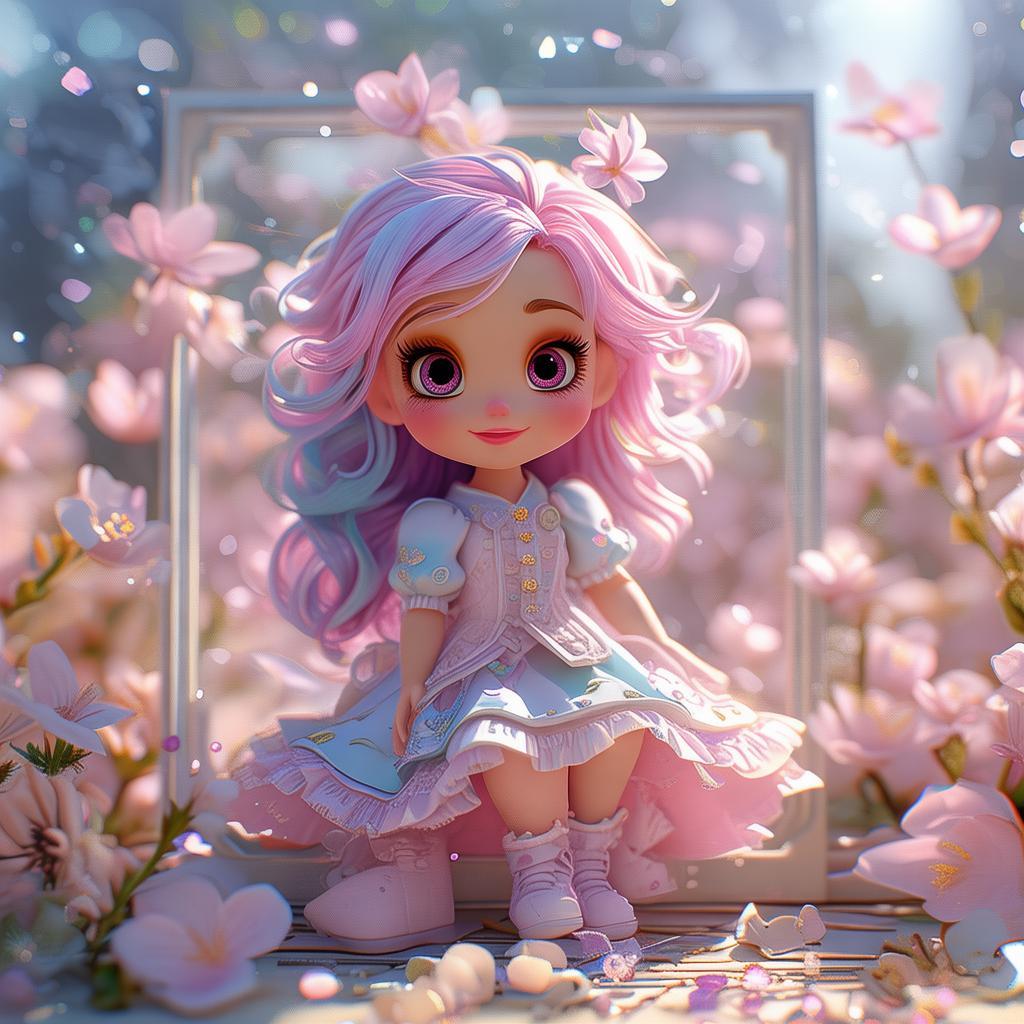 A cute Disney-inspired 3D character, The character's hairstyle, clothing, and overall appearance must match the photo. The character sits on the edge of a Polaroid frame surrounded by soft spring blossoms and pastel sparkles. Cheerful expression. created by AI