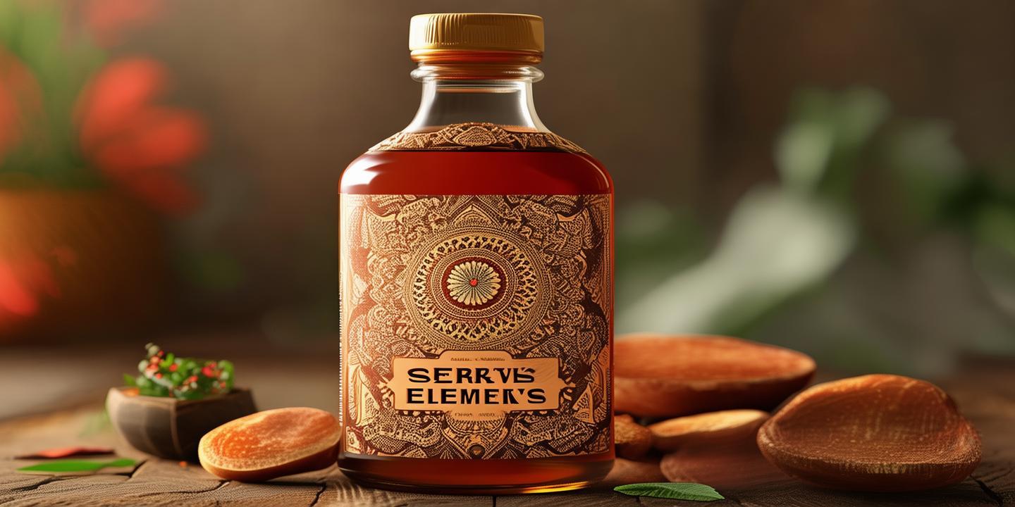 "Create a mystical, artistic label for a bottle containing dry fruits or herbal infusions. Use a deep earthy background like charcoal or terracotta with gold-painted Mandala patterns or Sanskrit calligraphy in faded ink. At the center, place ‘SEERVI’S ELEMENTS’ in a bold Devanagari-style serif, blending East and West. Include symbolic icons (sun, moon, leaf, water droplet) around the neck of the bottle like a ritual band. Embrace rich heritage visuals with minimalist modern placement — like the soul of ancient India wrapped in a modern vessel." created by AI