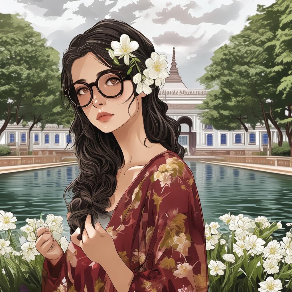 A serene outdoor scene featuring a young woman seen from behind, standing or sitting near a historic-looking pond or water tank. Her hair is neatly tied in a low ponytail adorned with fresh white jasmine flowers, secured with a black hair clip. She is wearing a floral-patterned dress or kurta in earthy shades of maroon, red, and brown. She also wears thin-framed glasses and a black hairpin on the side of her head. Her skin tone is fair, and a beauty mark is visible near her jawline. She appears to be gently gesturing with her hand, possibly in conversation or admiration of the view. The background shows a peaceful setting with lush green trees and a large white heritage building with blue window panels. The sky is slightly overcast, and the overall ambiance is calm and reflective, evoking a moment of quiet appreciation in a historical or temple-like location.
 created by AI