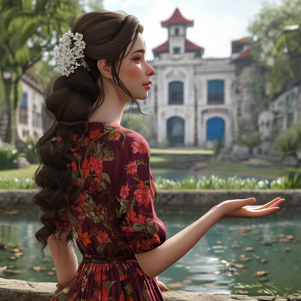 A serene outdoor scene featuring a young woman seen from behind, standing or sitting near a historic-looking pond or water tank. Her hair is neatly tied in a low ponytail adorned with fresh white jasmine flowers, secured with a black hair clip. She is wearing a floral-patterned dress or kurta in earthy shades of maroon, red, and brown. She also wears thin-framed glasses and a black hairpin on the side of her head. Her skin tone is fair, and a beauty mark is visible near her jawline. She appears to be gently gesturing with her hand, possibly in conversation or admiration of the view. The background shows a peaceful setting with lush green trees and a large white heritage building with blue window panels. The sky is slightly overcast, and the overall ambiance is calm and reflective, evoking a moment of quiet appreciation in a historical or temple-like location.
created by AI