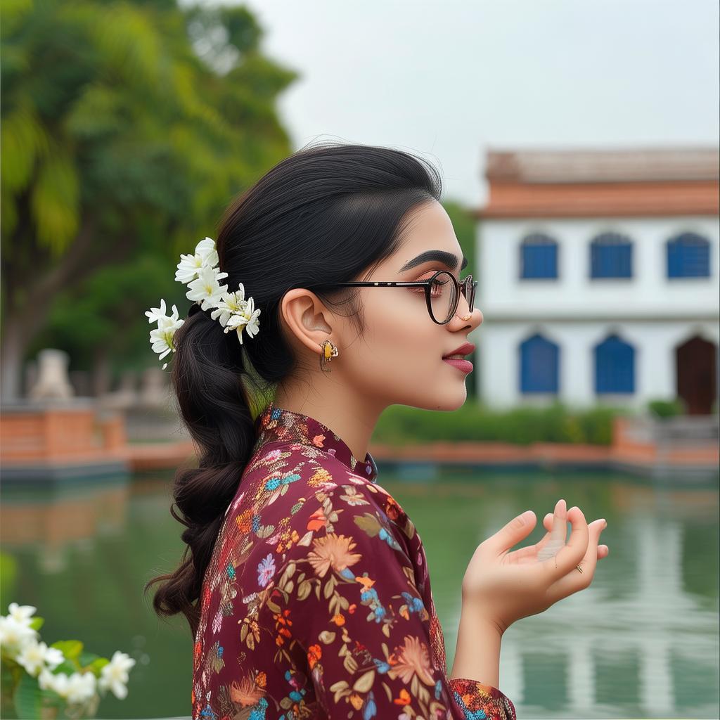 A serene outdoor scene featuring a young woman seen from behind, standing or sitting near a historic-looking pond or water tank. Her hair is neatly tied in a low ponytail adorned with fresh white jasmine flowers, secured with a black hair clip. She is wearing a floral-patterned dress or kurta in earthy shades of maroon, red, and brown. She also wears thin-framed glasses and a black hairpin on the side of her head. Her skin tone is fair, and a beauty mark is visible near her jawline. She appears to be gently gesturing with her hand, possibly in conversation or admiration of the view. The background shows a peaceful setting with lush green trees and a large white heritage building with blue window panels. The sky is slightly overcast, and the overall ambiance is calm and reflective, evoking a moment of quiet appreciation in a historical or temple-like location.
created by AI