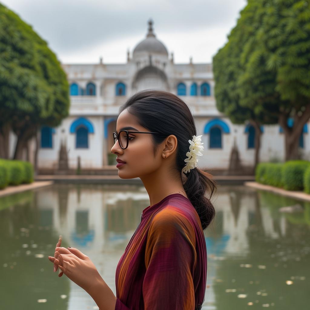 A serene outdoor scene featuring a young woman seen from behind, standing or sitting near a historic-looking pond or water tank. Her hair is neatly tied in a low ponytail adorned with fresh white jasmine flowers, secured with a black hair clip. She is wearing a floral-patterned dress or kurta in earthy shades of maroon, red, and brown. She also wears thin-framed glasses and a black hairpin on the side of her head. Her skin tone is fair, and a beauty mark is visible near her jawline. She appears to be gently gesturing with her hand, possibly in conversation or admiration of the view. The background shows a peaceful setting with lush green trees and a large white heritage building with blue window panels. The sky is slightly overcast, and the overall ambiance is calm and reflective, evoking a moment of quiet appreciation in a historical or temple-like location.
created by AI