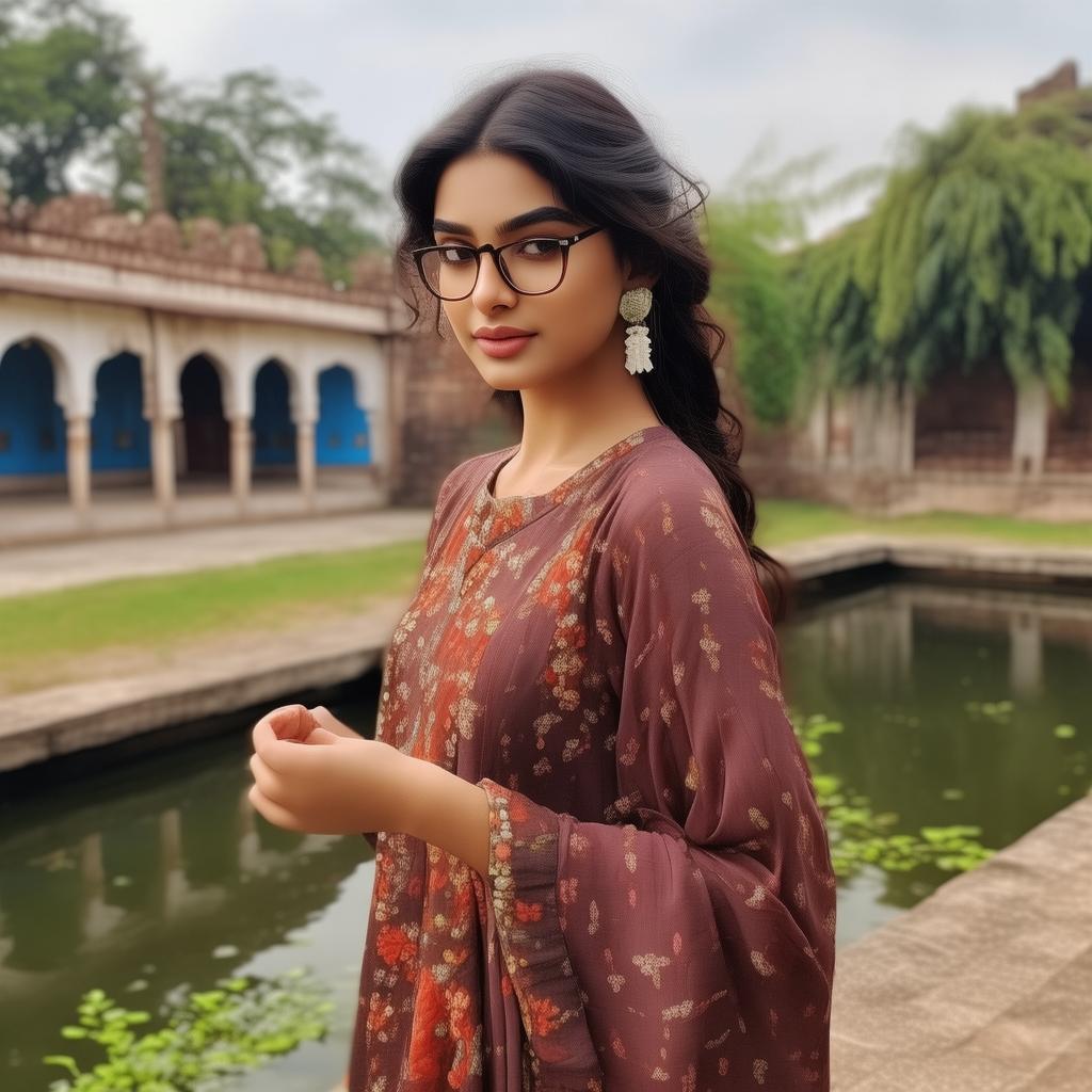 A serene outdoor scene featuring a young woman seen from behind, standing or sitting near a historic-looking pond or water tank. Her hair is neatly tied in a low ponytail adorned with fresh white jasmine flowers, secured with a black hair clip. She is wearing a floral-patterned dress or kurta in earthy shades of maroon, red, and brown. She also wears thin-framed glasses and a black hairpin on the side of her head. Her skin tone is fair, and a beauty mark is visible near her jawline. She appears to be gently gesturing with her hand, possibly in conversation or admiration of the view. The background shows a peaceful setting with lush green trees and a large white heritage building with blue window panels. The sky is slightly overcast, and the overall ambiance is calm and reflective, evoking a moment of quiet appreciation in a historical or temple-like location.
created by AI