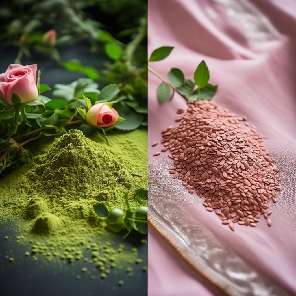 Design a split-screen image: left side shows moringa powder and roses (green theme), right side shows flaxseeds and tulsi (pink theme). Blurred boho fabric background, gold divider line. created by AI