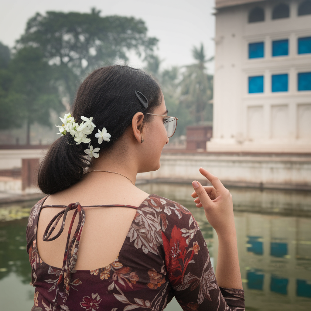 A serene outdoor scene featuring a young woman seen from behind, standing or sitting near a historic-looking pond or water tank. Her hair is neatly tied in a low ponytail adorned with fresh white jasmine flowers, secured with a black hair clip. She is wearing a floral-patterned dress or kurta in earthy shades of maroon, red, and brown. She also wears thin-framed glasses and a black hairpin on the side of her head. Her skin tone is fair, and a beauty mark is visible near her jawline. She appears to be gently gesturing with her hand, possibly in conversation or admiration of the view. The background shows a peaceful setting with lush green trees and a large white heritage building with blue window panels. The sky is slightly overcast, and the overall ambiance is calm and reflective, evoking a moment of quiet appreciation in a historical or temple-like location.
 created by AI