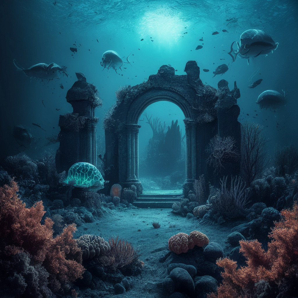 Bioluminescent deep-sea creatures, colorful coral reefs, mysterious shipwreck ruins, underwater photography effect, high contrast, 4K resolution created by AI