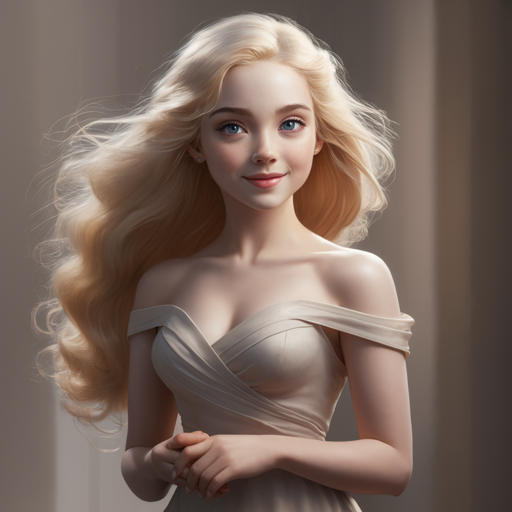 A beautiful young white woman with long, flowing blond hair. She has soft, radiant skin, expressive eyes, and a gentle smile. She is dressed in a stylish, elegant outfit that complements her natural beauty, standing confidently in soft lighting, with a serene, graceful expression. created by AI