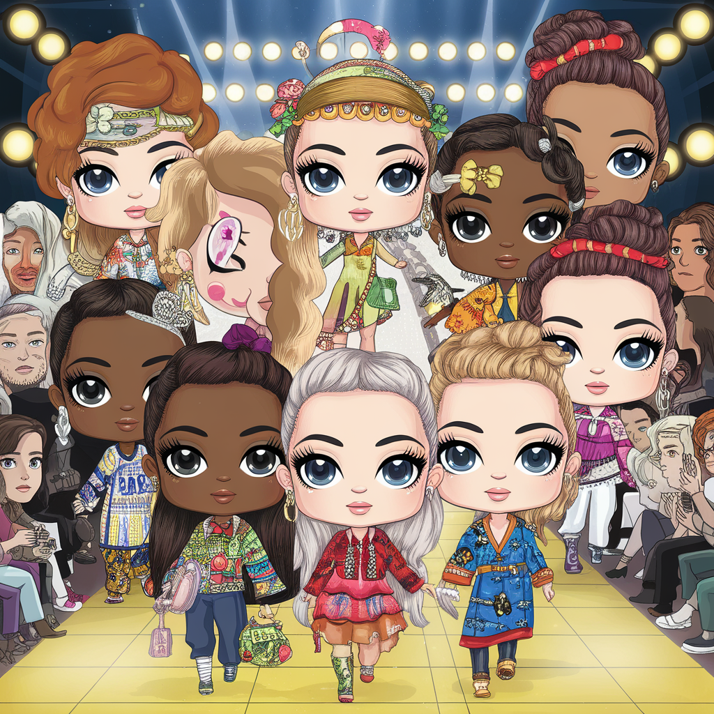 Chibis hosting fashion shows showcasing unique styles inspired by different cultures creatively. created by AI