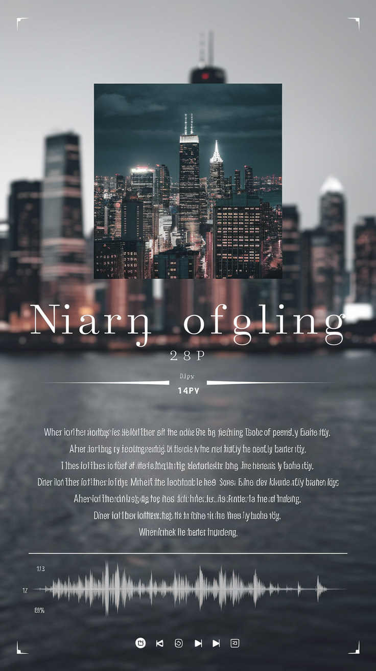 Design a poster:

The background of the poster is a blurred image.
In the center of the poster, there is a picture that occupies half the width of the screen, featuring the album cover of the song.
Below the picture, there is the poster's title in a 18px font size, with the content being the title of the song.
Below the title, there is the poster's subtitle in a 14px font size, with the content being the name of the artist.
Below the subtitle, there is the poster's main text in a 16px font size, containing the lyrics of the song.
Below the lyrics, at the very bottom of the poster, there is a waveform of the song, created using the wavesurfer software. created by AI