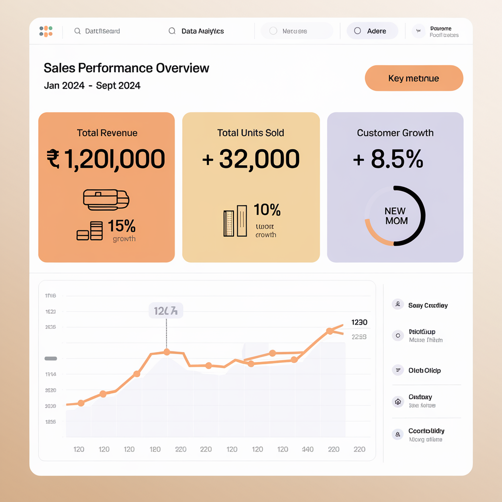 BI Dashboard Card (Data Analytics Focus)

Top Section (Title & Time Range):

	•	Title:
	•	Bold, clear, and descriptive. Example: “Sales Performance Overview”
	•	Positioned at the top of the card for easy identification.
	•	Date Range:
	•	Displayed in smaller text or with a calendar icon next to the title. Example: “Jan 2024 - Sept 2024”
	•	Option for the user to adjust the date range using a dropdown or date picker.

Middle Section (Key Metrics Overview):

This section presents a quick snapshot of the most important KPIs.

	•	Metric 1: Total Revenue
	•	Display the revenue figure prominently. Example: ¥1,200,000
	•	Use a color-coded indicator (green for positive growth, red for decline) showing percentage change (e.g., +15% MoM).
	•	Metric 2: Total Units Sold
	•	Another key figure like units sold or transactions. Example: 32,000 Units
	•	Similar color-coded trend indicator.
	•	Metric 3: Customer Growth
	•	Shows a percentage increase or total number of new customers. Example: +8.5% New Customers

Each metric should be supported by an icon or visual cue to enhance quick recognition (e.g., upward arrow for growth, cart icon for sales).

Bottom Section (Graphical Representation):

	•	Line Chart or Bar Chart:
	•	Present data visually using a line chart or bar chart that shows performance over time (e.g., revenue over months, customer acquisition trends).
	•	Interactive, with hover tooltips showing specific data points.
	•	Pie Chart or Donut Chart (Optional):
	•	Can be added to display the distribution of sales by category, region, or product type.
	•	Chart Interaction:
	•	Users can hover over or click specific data points for more granular details (e.g., see the exact revenue figure on a particular day or for a specific category).

Footer Section (Actions & Filters):

	•	Filters:
	•	Add filter icons at the bottom right to allow users to quickly refine the data being displayed. Example: Filter by product category, region, or team.
	•	Action Buttons:
	•	“Download Report” or “View Full Dashboard” buttons, subtly integrated at the bottom left, giving users access to more detailed information or the option to export the data.

Design Aesthetic:

	•	Background: Neutral or dark gray background to enhance readability and focus on the data. Consider light theme versions too.
	•	Text & Iconography: White text for titles, and black or gray for numbers. Icons or small, vibrant colors can be used for key KPIs to draw attention.
	•	Graph Colors: Use a cohesive color palette (e.g., shades of blue and green) to visually distinguish data categories without overwhelming the user.

Suggestions:

	1.	Data Visualization: The focus should be on presenting key metrics in an intuitive and visually engaging way, allowing users to understand trends at a glance.
	2.	Interactivity: Add hover states and tooltips for enhanced interactivity, letting users explore data in more detail without needing to leave the card.
	3.	Customization: Give users options to adjust time ranges, filters, or view details, making the card highly customizable depending on the data they need. created by AI