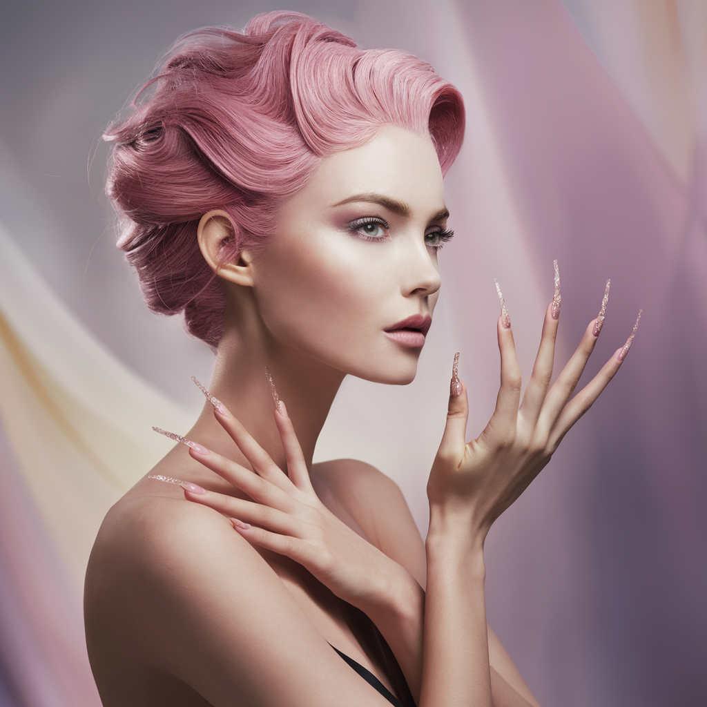 a beautiful woman with pink hair and perfect fingers created by AI