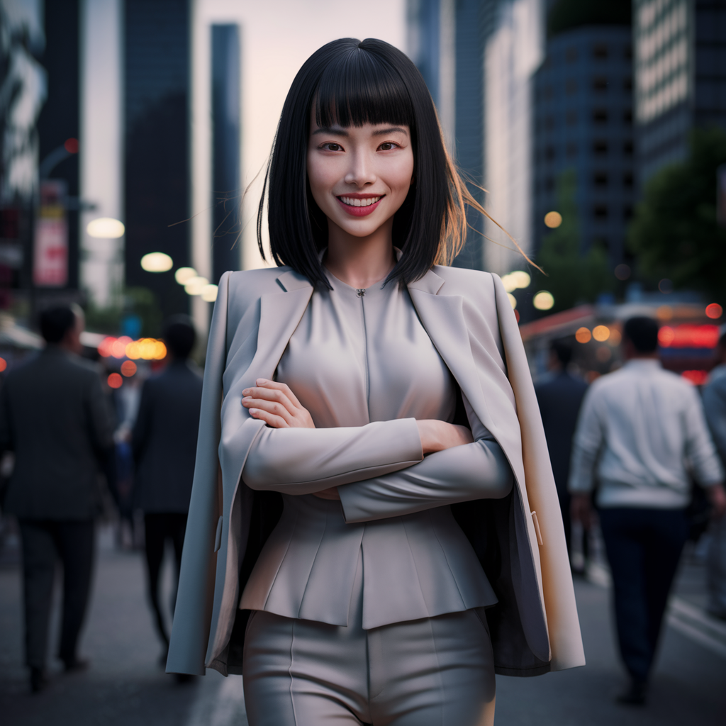 A confident woman of East Asian descent with shoulder-length, straight black hair and a bright smile. She is wearing a chic, tailored blazer over a stylish blouse and fitted trousers, showcasing her modern fashion sense. Her almond-shaped brown eyes sparkle with enthusiasm, and she stands with arms crossed, exuding self-assuredness. The background features a bustling urban environment with skyscrapers and people, reflecting her dynamic lifestyle, while the evening lights begin to twinkle around her created by AI