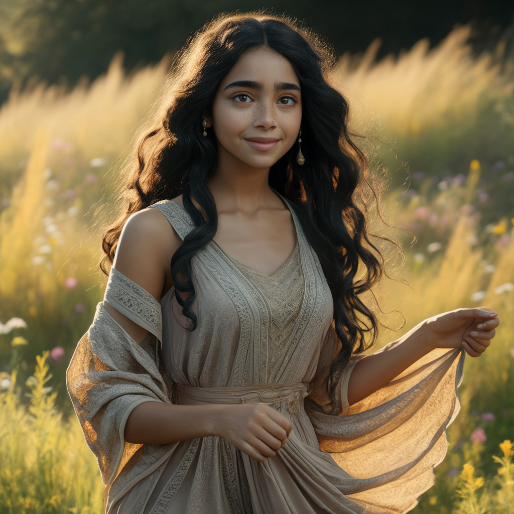 A young woman of Middle Eastern descent with long, dark wavy hair and olive-toned skin. She’s wearing a flowing, bohemian-style dress with intricate patterns, standing in a sunlit field of wildflowers. Her expressive dark eyes and soft smile convey a sense of peace and serenity. The sunlight filters through the trees, casting a warm, golden glow on her, while a gentle breeze moves the fabric of her dress gracefully created by AI