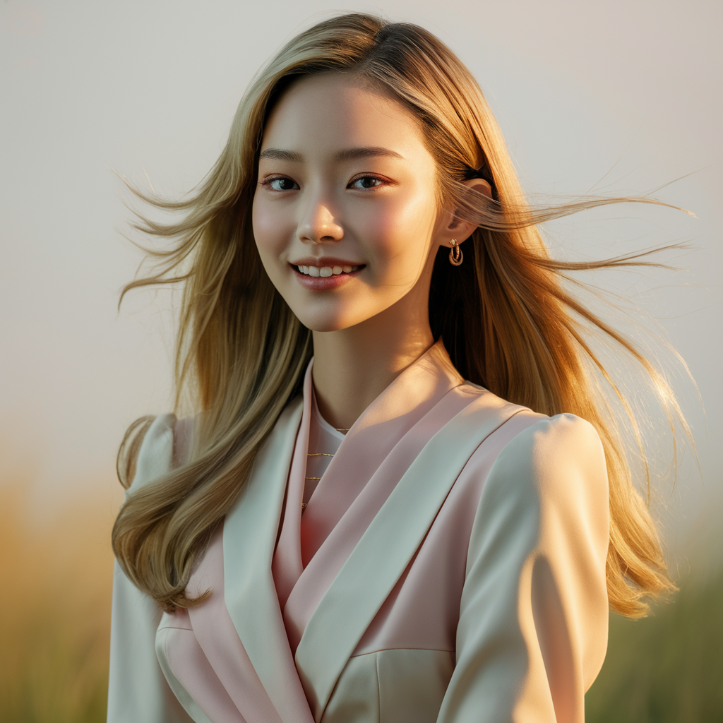 A young Korean woman with long, flowing blonde hair, fair skin, and delicate features. She is wearing a stylish, modern outfit in soft pastel colors, with natural makeup accentuating her high cheekbones and sharp jawline. The background is a serene outdoor setting with a gentle breeze, lightly ruffling her hair as she smiles softly. The lighting is warm, highlighting her radiant complexion created by AI