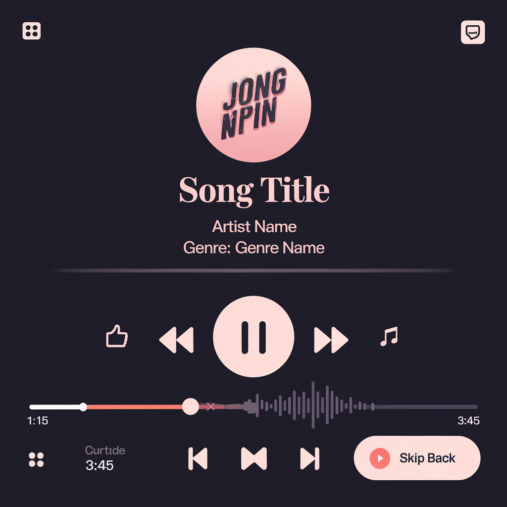 Music Player Card
• Song Cover:
A circular image at the top of the card displaying the album cover or song artwork.
• Song Information:
• Title: Large bold font, centered. Example: “Song Title”
• Artist: Smaller, italicized text just below the title. Example: “by Artist Name”
• Genre: Slightly smaller text under the artist name, e.g., “Genre: Pop”
Playback Controls:
Center a horizontal row of playback buttons:
• Play/Pause Button: Large central button
• Skip Forward / Skip Backward buttons on either side of the Play button
• Volume Control: A small volume icon with a slider bar underneath
Progress Bar:
• A progress bar directly below the playback controls, showing the current time and total duration of the song. Example: 1:15 / 3:45
Extra Features:
• Like/Heart Icon: Positioned to the right or left of the player controls
• Share Button: Small button for sharing the song via social platforms, located near the bottom right
Card Background:
• Dark theme with a subtle gradient or blurred background matching the song cover colors. created by AI
