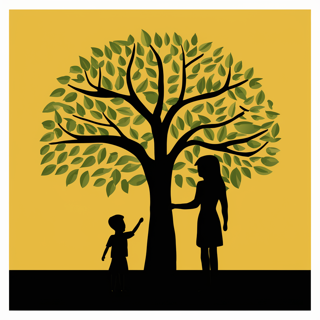 create a tree image with female standing with a kid created by AI