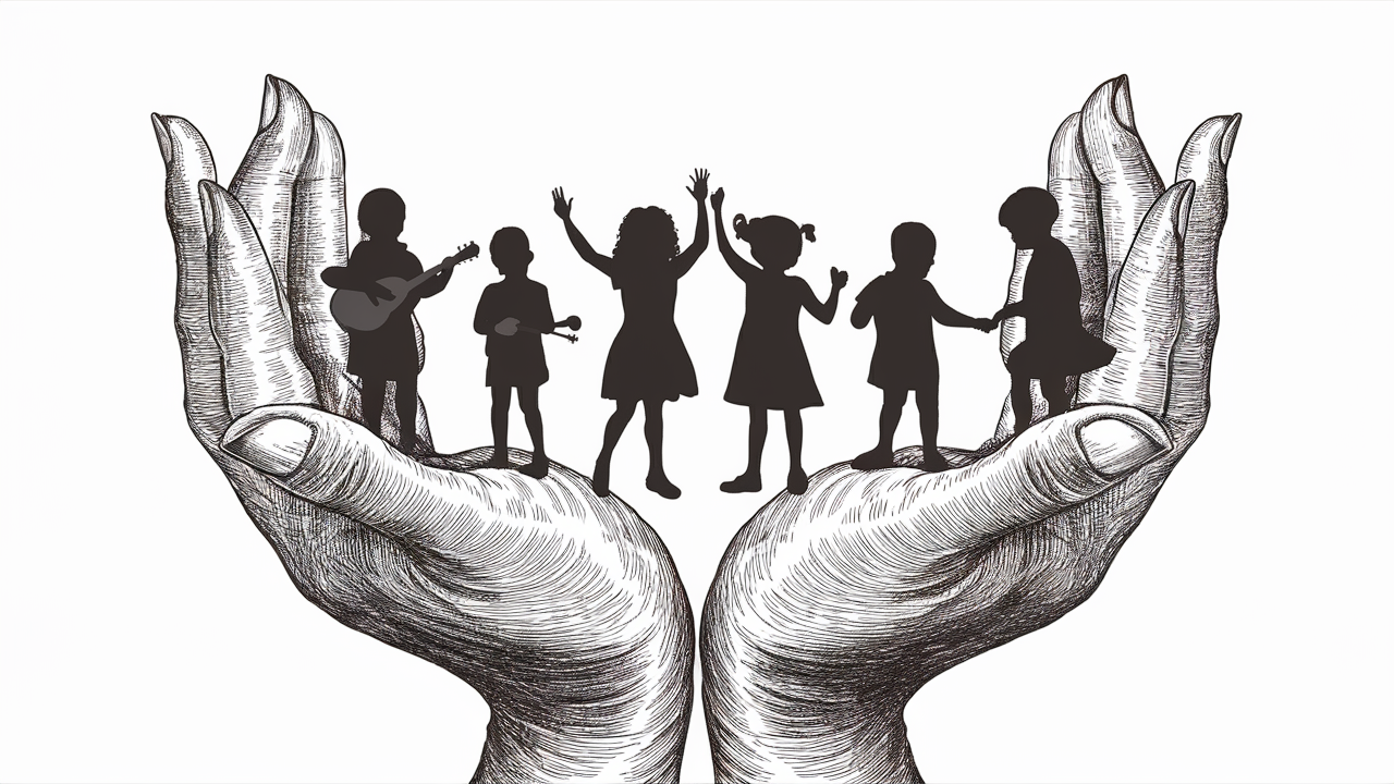 crear dos manos que sostenga siluetas de niños created by AI