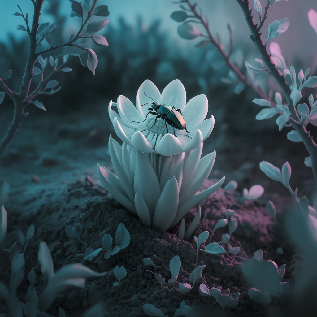 A small white flower growing from the ground, emerging from the soil, surrounded by leaves and branches, a beautiful little beetle on its petals, stunning digital art, soft and ethereal lighting, cool-toned background with blue and purple hues created by AI