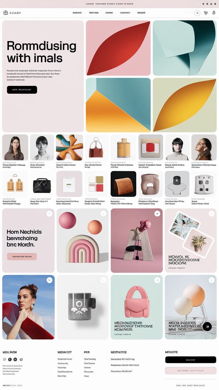 A modern and sleek website with a clean, minimalist design that focuses on user experience. The homepage features a large, high-resolution hero image showcasing vibrant colors, immediately capturing visitors’ attention. Below, a grid layout displays various product categories with eye-catching visuals and concise descriptions. The navigation bar is intuitive, with dropdown menus for easy access to different sections, including ‘About Us,’ ‘Shop,’ ‘Blog,’ and ‘Contact.’ Each page is well-structured, with ample white space that enhances readability and highlights important content. The color palette is a harmonious blend of soft pastels and bold accents, creating a welcoming atmosphere. Interactive elements like hover effects and smooth transitions enhance engagement, while a responsive design ensures seamless viewing on both desktop and mobile devices. At the bottom of each page, social media links and a newsletter subscription box encourage connection and community engagement created by AI