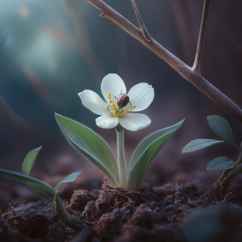 A small white flower growing from the ground, emerging from the soil, surrounded by leaves and branches, a beautiful little beetle on its petals, stunning digital art, soft and ethereal lighting, cool-toned background with blue and purple hues created by AI