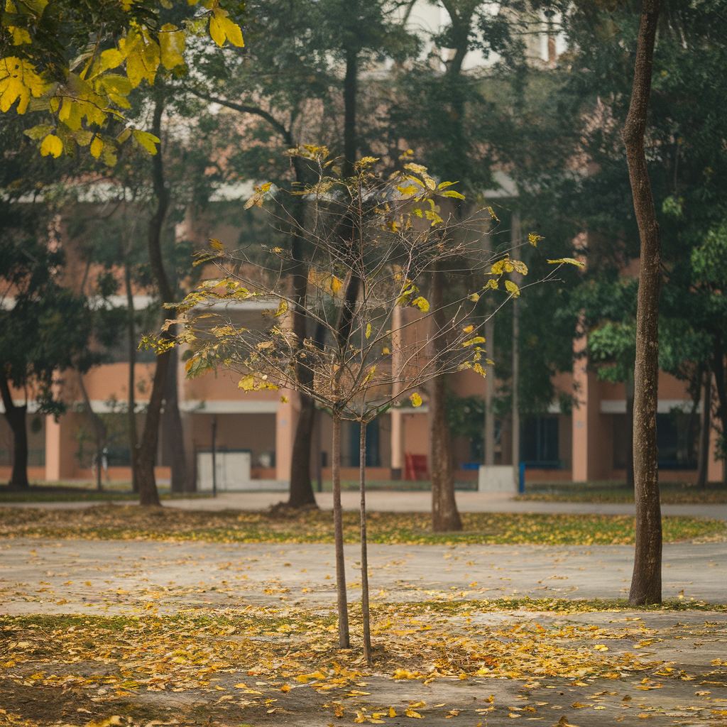 学校的景观树林里，藏着一棵小树。它的树干细瘦，几片叶子孤零零的。 created by AI