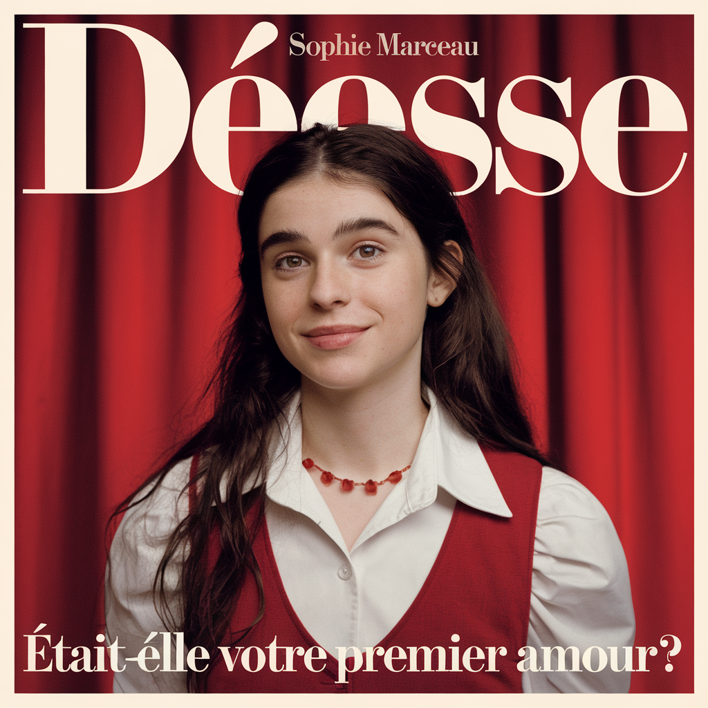 Concevez un affiche avec en sujet principal une Sophie Marceau de 16 ans, avec le titre 'Déesse', et le texte 'Etait-elle votre premier amour ?' created by AI