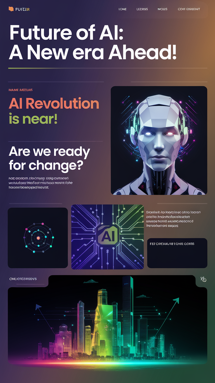 Title: "FUTURE OF AI: A NEW ERA AHEAD!"
Text Elements:
Main heading in bold, large font with colors: "AI REVOLUTION IS NEAR!" (use a vibrant orange for emphasis)
Subheading: "ARE WE READY FOR CHANGE?" (in a contrasting font style)
Image Elements:
Replace the face with an abstract representation of AI using geometric shapes and neon colors.
Introduce a new central graphic, like a stylized circuit board or a futuristic cityscape, with bright blue and green hues.
Background:
Utilize a gradient background transitioning from dark purple to black, giving it a techy feel.
Additional Elements:
Use arrows and futuristic icons to represent data flow and connectivity, adding depth to the design.
Overall Layout:
Maintain a balanced layout with clear sections for text and images, ensuring readability and visual appeal. created by AI