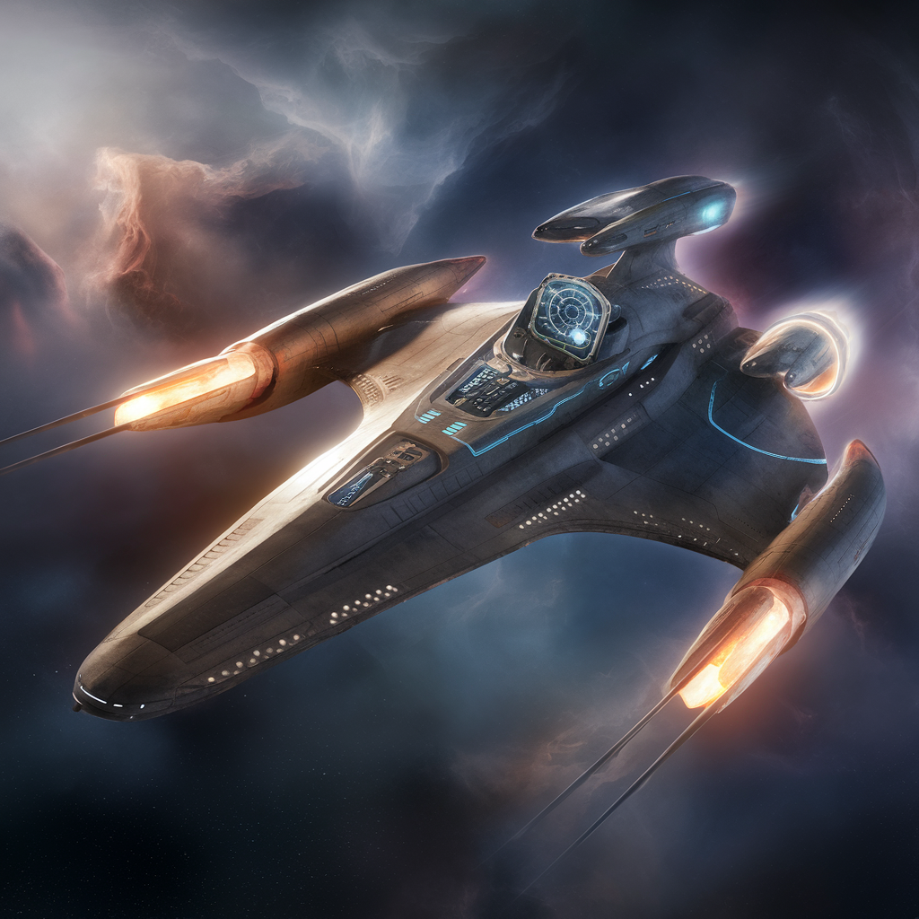 An advanced futuristic spaceship soaring through a nebula, equipped with sleek, aerodynamic design, glowing energy shields, and a high-tech navigation console, set against a backdrop of swirling cosmic clouds and distant stars. created by AI