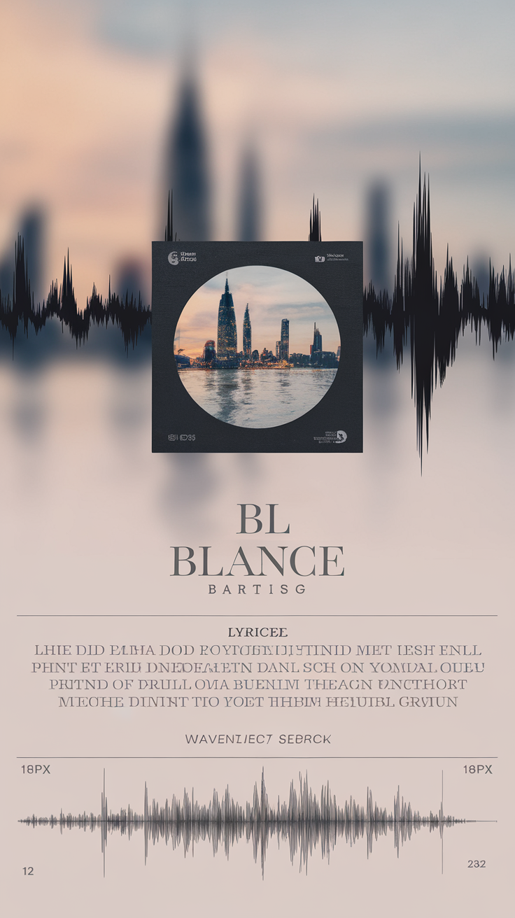 Design a poster:
The background of the poster is a blurred image.
In the center of the poster, there is a picture that occupies half the width of the screen, featuring the album cover of the song.
Below the picture, there is the poster's title in a 18px font size, with the content being the title of the song.
Below the title, there is the poster's subtitle in a 14px font size, with the content being the name of the artist.
Below the subtitle, there is the poster's main text in a 16px font size, containing the lyrics of the song.
Below the lyrics, at the very bottom of the poster, there is a waveform of the song, created using the wavesurfer software. created by AI