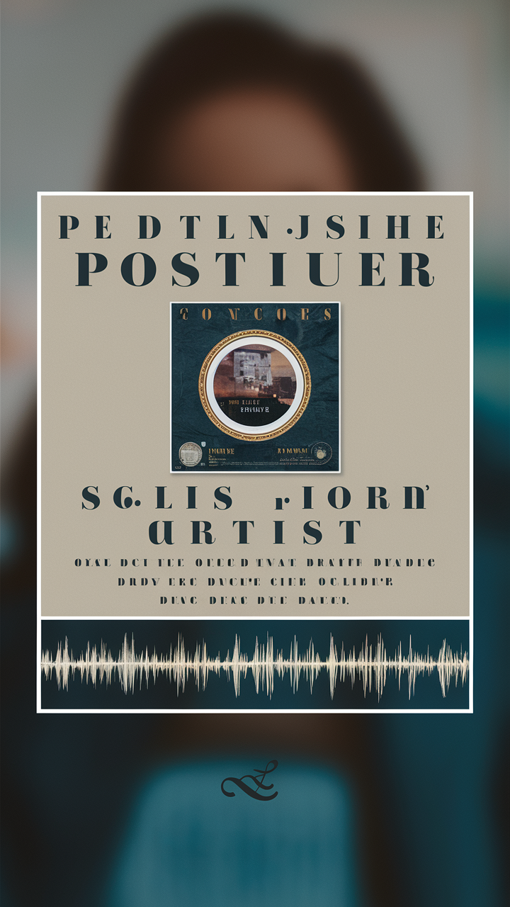 Design a poster:
The background of the poster is a blurred image.
In the center of the poster, there is a picture that occupies half the width of the screen, featuring the album cover of the song.
Below the picture, there is the poster's title in a 18px font size, with the content being the title of the song.
Below the title, there is the poster's subtitle in a 14px font size, with the content being the name of the artist.
Below the subtitle, there is the poster's main text in a 16px font size, containing the lyrics of the song.
Below the lyrics, at the very bottom of the poster, there is a waveform of the song, created using the wavesurfer software. created by AI