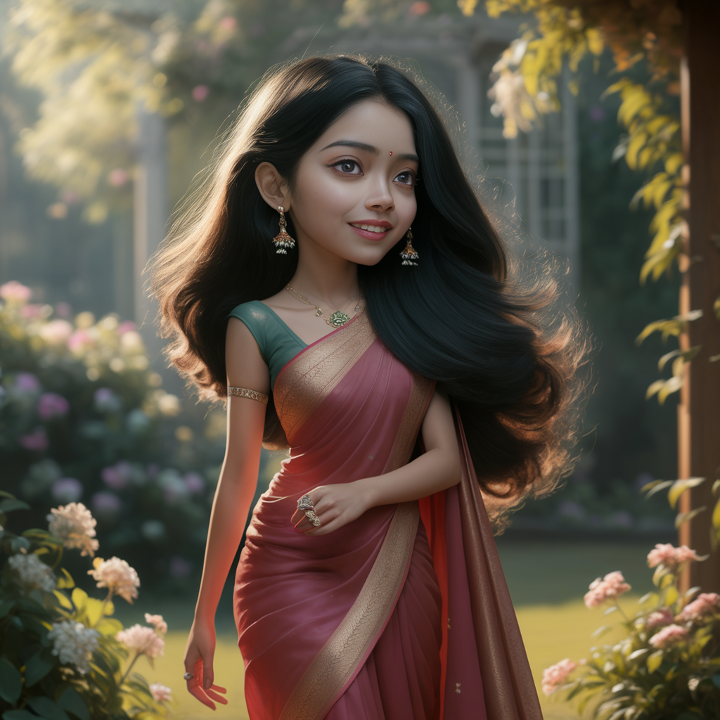 A petite woman of South Asian descent with long, jet-black hair that cascades down her back in soft waves. She’s wearing a vibrant, flowing sari in shades of red and gold, with delicate jewelry that sparkles in the sunlight. Her large, expressive brown eyes are full of warmth, and her smile is gentle yet radiant. She stands in a lush garden, surrounded by blooming flowers, as soft sunlight filters through the trees, casting a warm glow on her glowing, golden-brown skin created by AI