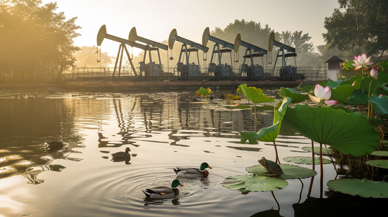 A pond full of lotus flowers, with a frog crawling on the lotus leaves. Across the pond, there is a row of Sinopec Shengli Oilfield pumping units. In the morning, the golden sunlight shines on the water surface, and there are several ducks swimming on the water created by AI