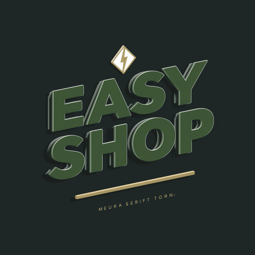 "Create a high-definition 3D logo for 'Easy Shop' with the following specifications:
The main text 'Easy Shop' should be in a bold, modern sans-serif font, colored in a dark green shade (#2E7D32), with a slight 3D effect and a subtle black outline for depth.
The letters 'S', 'h', 'o', 'p' in 'Shop' should be slightly tilted upwards to the right for a dynamic look.
Above the 'S' in 'Shop', place a small icon of a lightning bolt inside a diamond-shaped frame. The lightning bolt should be white with a slight glow, and the diamond frame should be gold (#FFD700).
Below 'Easy Shop', add a thin horizontal gold line (#FFD700) that spans the width of the text.
Under the gold line, include the tagline 'Grocery • Electric Accessories' in a smaller, modern sans-serif font. The text should be black, with 'Grocery' and 'Electric Accessories' separated by a small gold dot. The tagline should also have a slight 3D effect and be tilted upwards to the right, matching the angle of 'Shop'.
The background should be a plain, light grayish-white wall with a subtle texture and soft lighting to enhance the 3D effect of the logo.
Ensure the design looks sharp, smooth, and professional with clean edges and a polished finish." created by AI