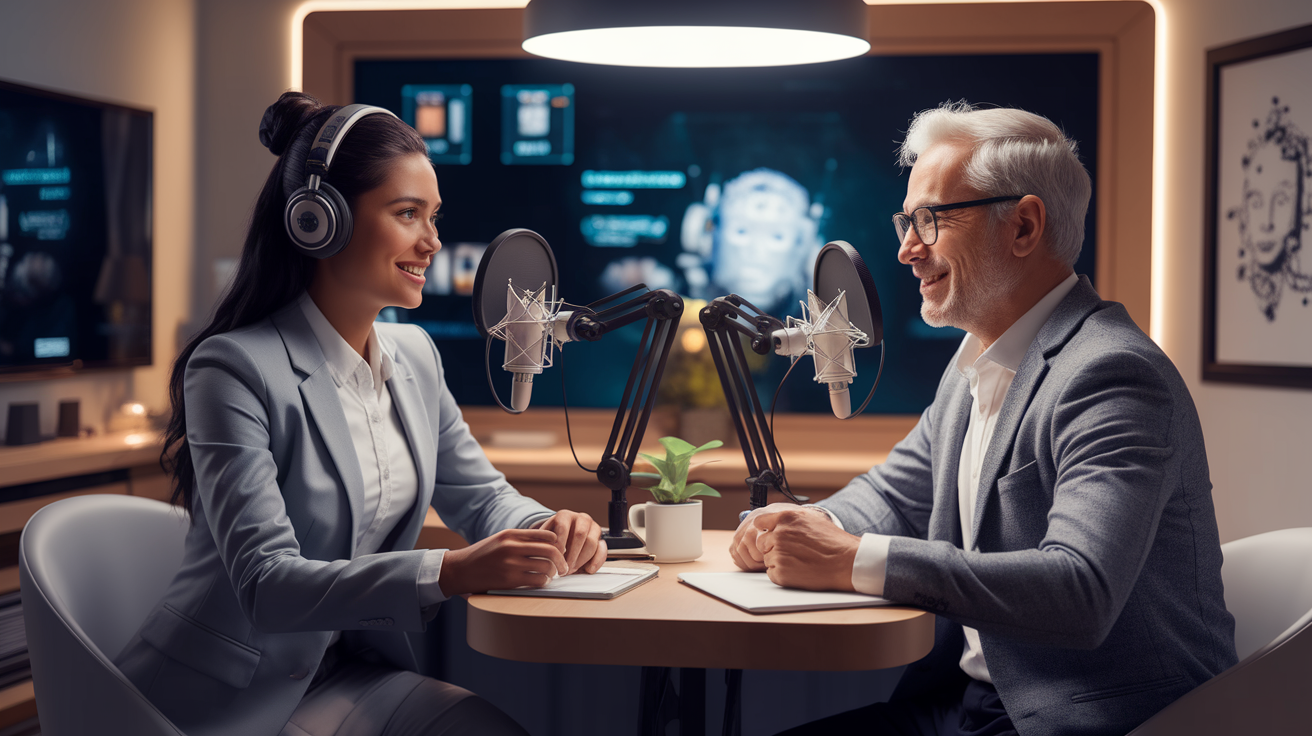 Design a lifelike thumbnail featuring a cozy, well-lit studio with a backpeople an AI Podcast. The scene includes two individuals: a confident, young woman, dressed in professional attire, seated at a microphone as the podcaster, and a curious, engaged male guest, seated opposite her, both facing the camera. The atmosphere is warm and conversational, with soft, diffused lighting illuminating their faces, highlighting their expressions and gestures. The studio decor is modern and sleek, with subtle AI-themed elements like digital displays or AI-inspired artwork in the background. created by AI